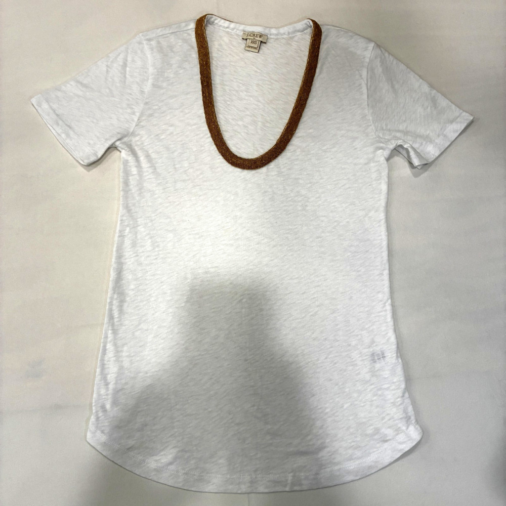 J.CREW Women's XXS Tee White and Gold Beaded Scoop Neck C2721